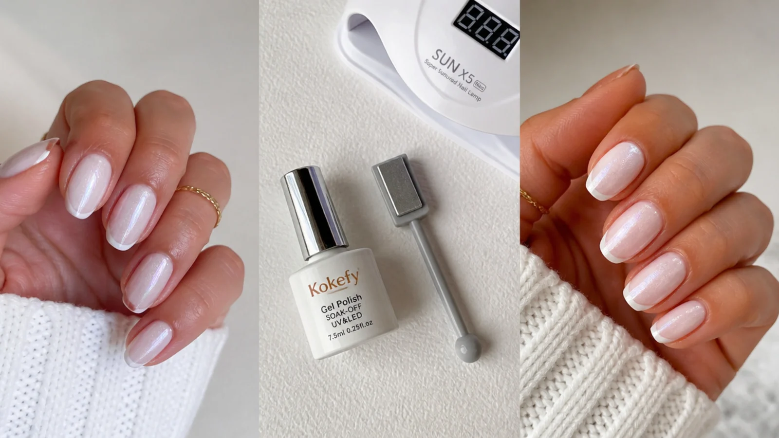 White magnetic gel, a magnet and an LED lamp laid out for a DIY french tip at home