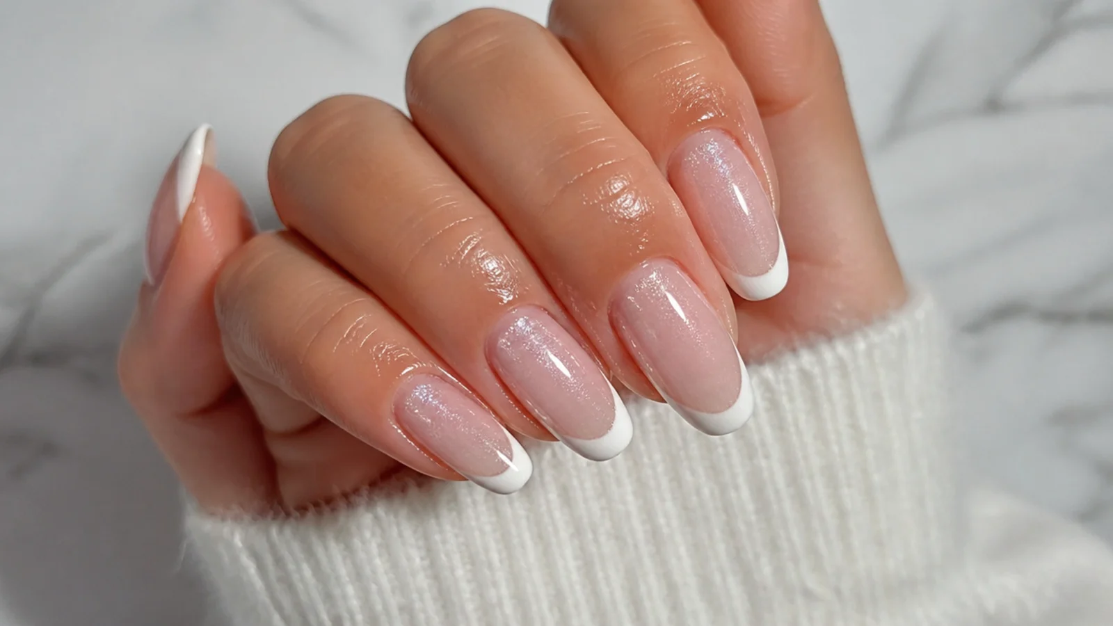 A well-sealed white cat eye french tip manicure with cuticle oil for longevity