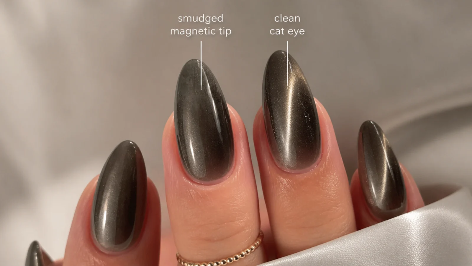 A smudged uneven magnetic tip next to a clean bright cat eye stripe for comparison