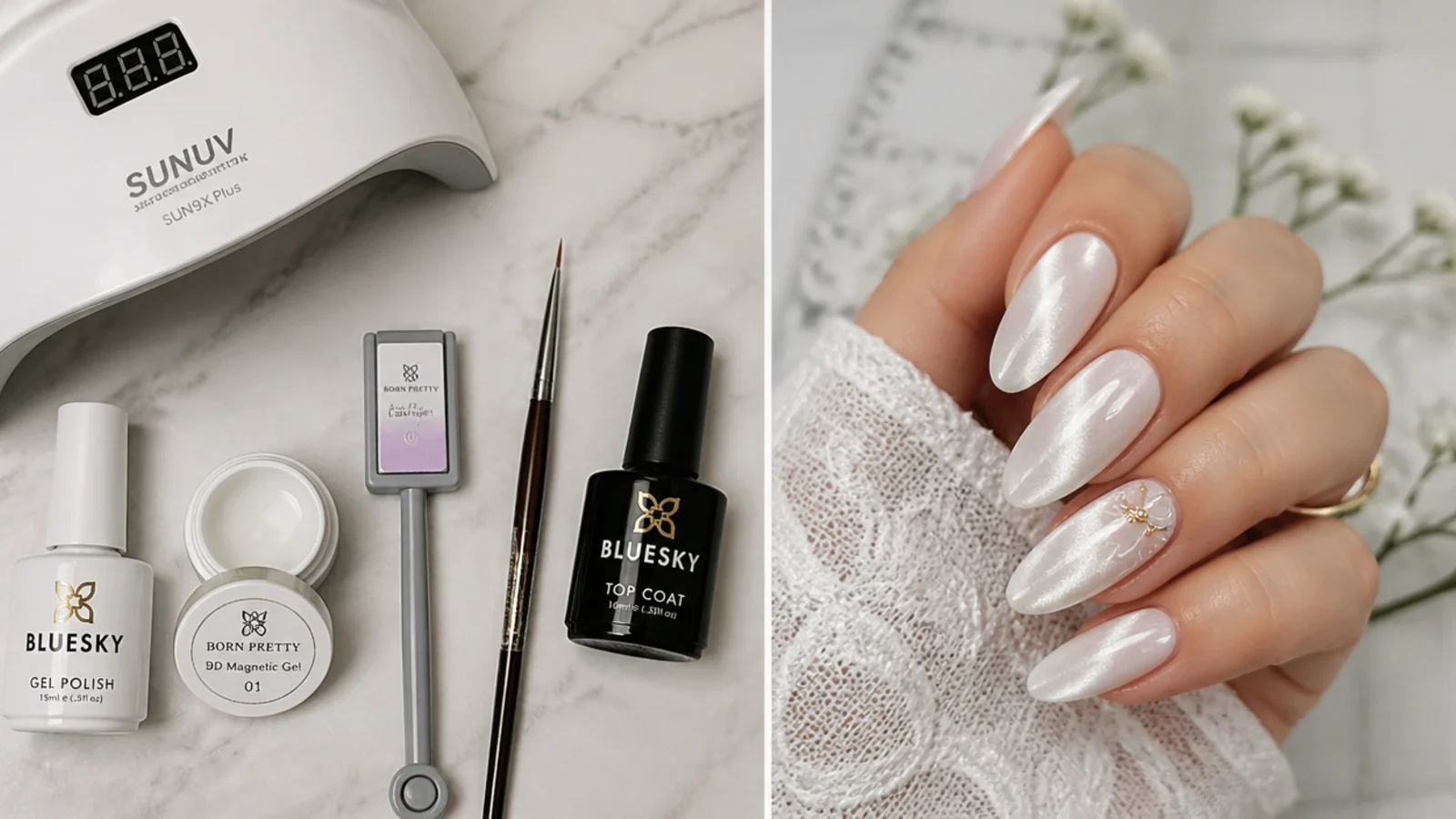 Flat lay of white magnetic gel, a cat-eye magnet, an LED lamp, liner brush and top coat