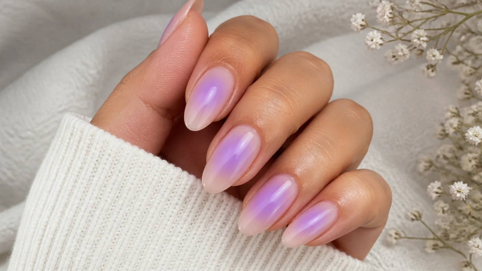 Medium almond nails with a lilac aura halo glowing from the nail bed on a sheer base