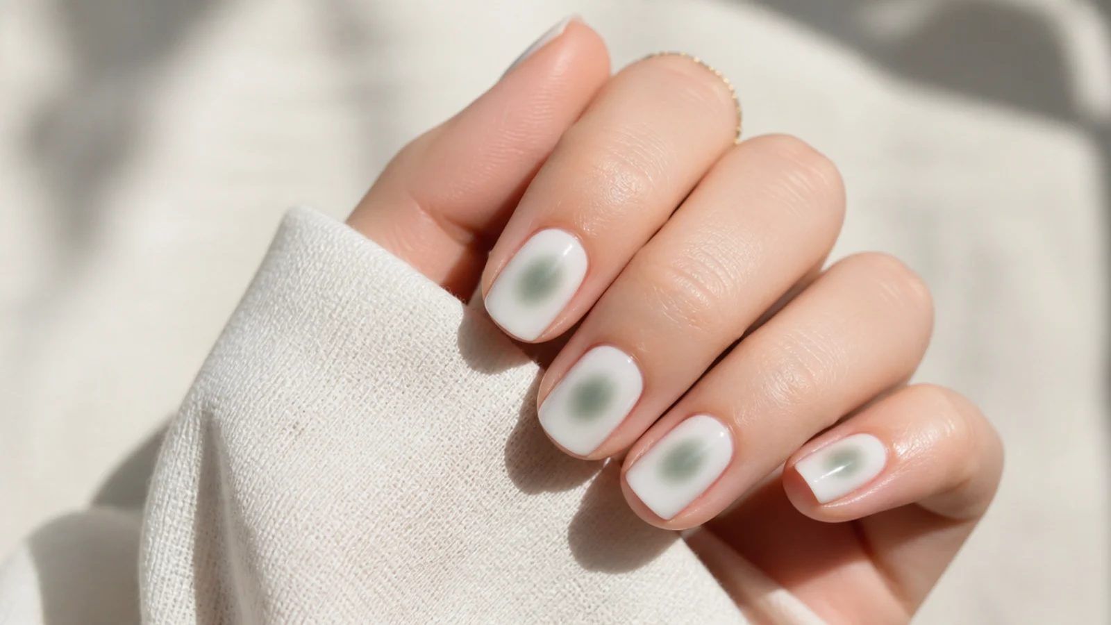 Short square nails with a soft sage green aura halo on a milky white base