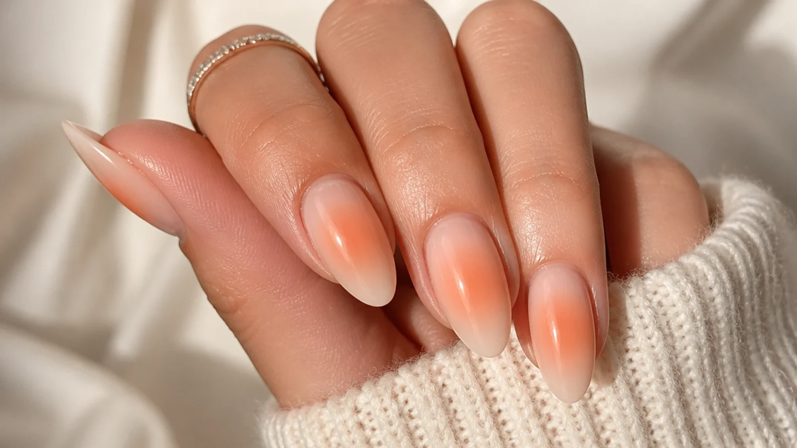 Almond nails with a warm peach aura halo glowing over a sheer beige base