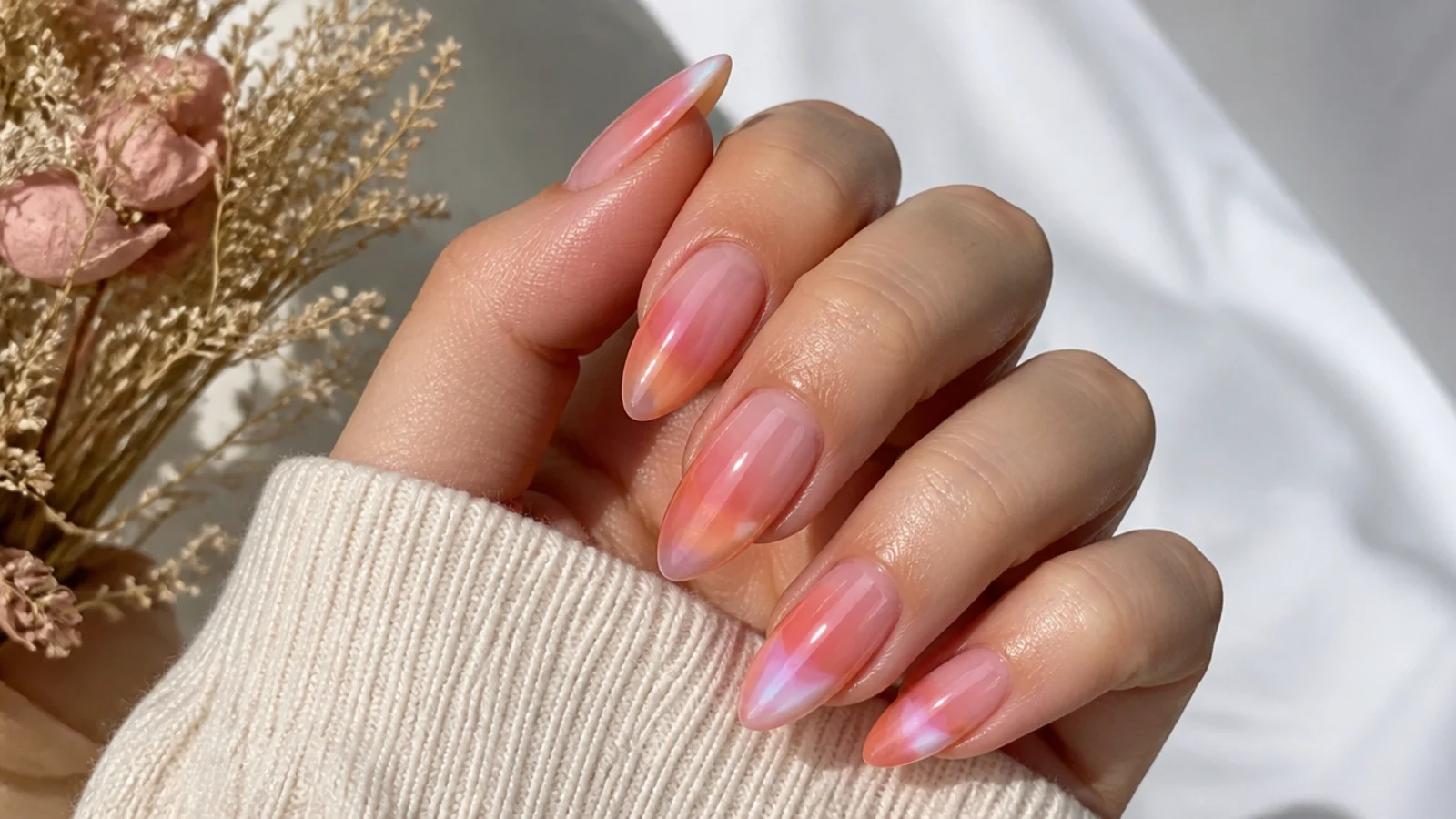 Almond nails with a sunset aura blending pink orange and purple over a sheer base