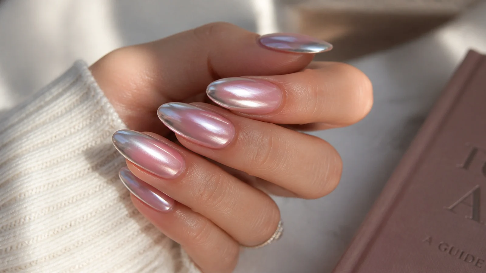 Almond nails with silver chrome buffed over a pink aura halo giving a liquid glazed shine