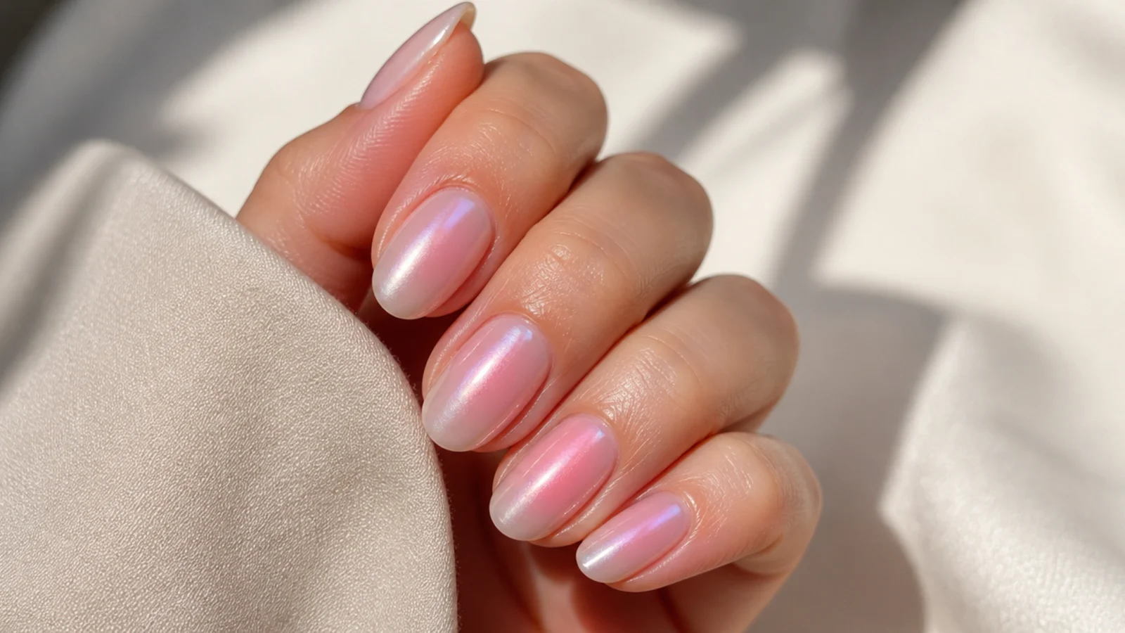 Short almond nails with a pearl glazed finish over a soft pink aura halo