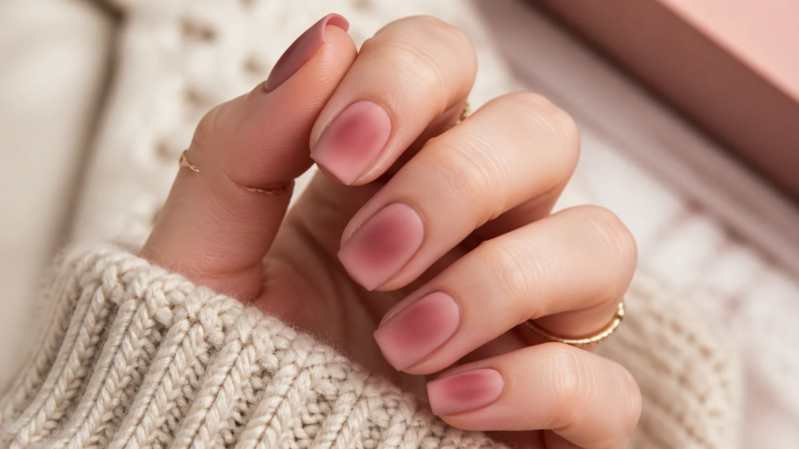 Medium square nails with a velvet matte finish over a dusty rose aura halo