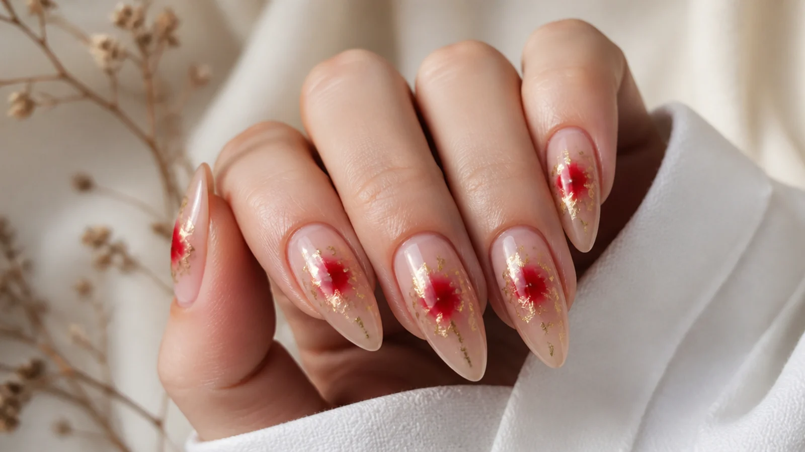 Long almond nails with torn gold leaf fragments sealed over a red aura halo