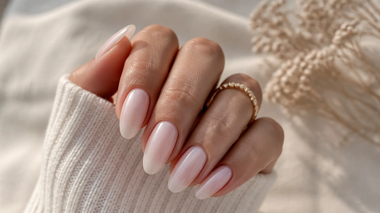 Medium almond bridal nails with a barely-there blush aura on a milky white base