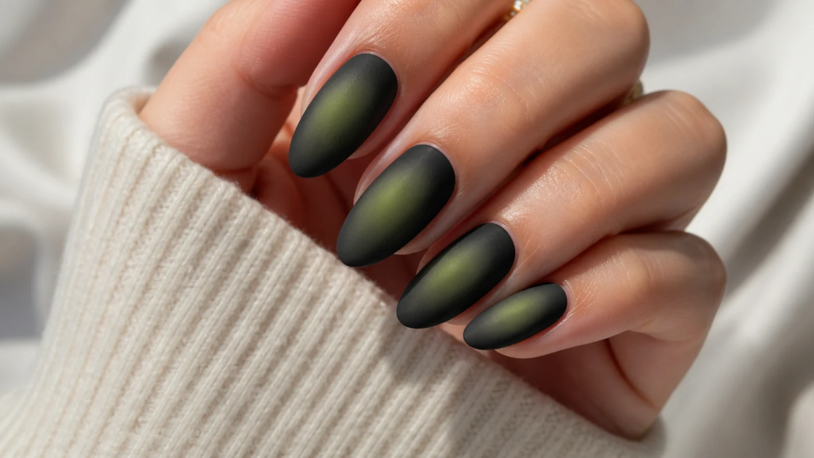 Long almond nails with an acid green aura halo fading into a matte black base