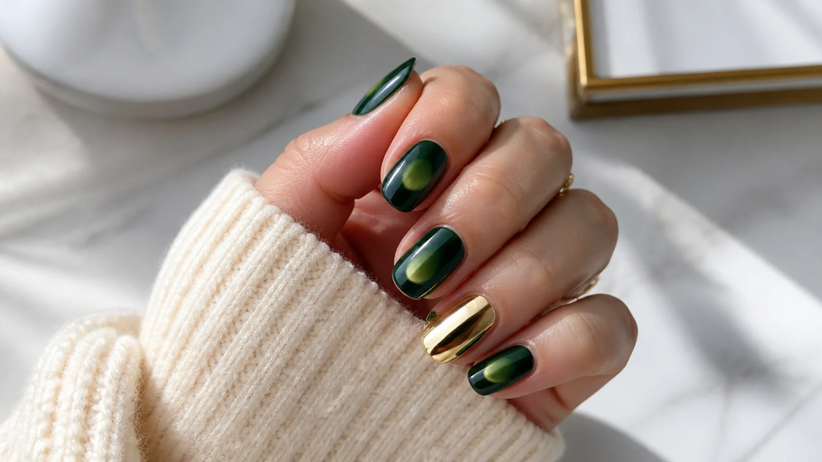 Short almond nails with a deep green aura halo and a single gold chrome accent nail