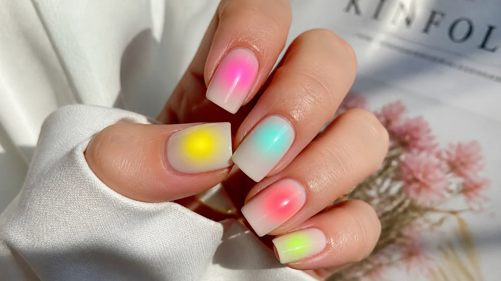 Medium square nails with five different neon aura halos in yellow pink and turquoise