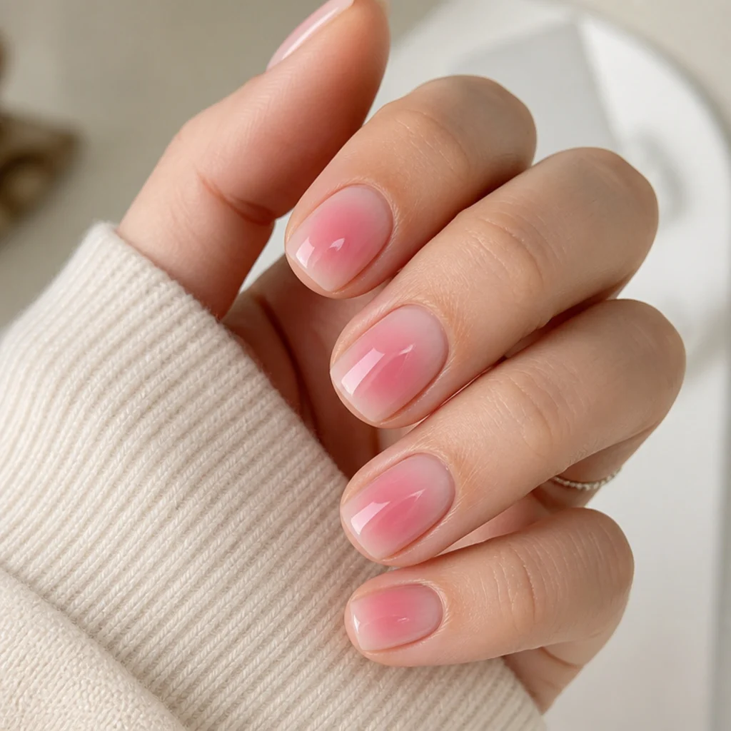 Short square natural-length nails with a soft pink aura halo filling most of the nail plate
