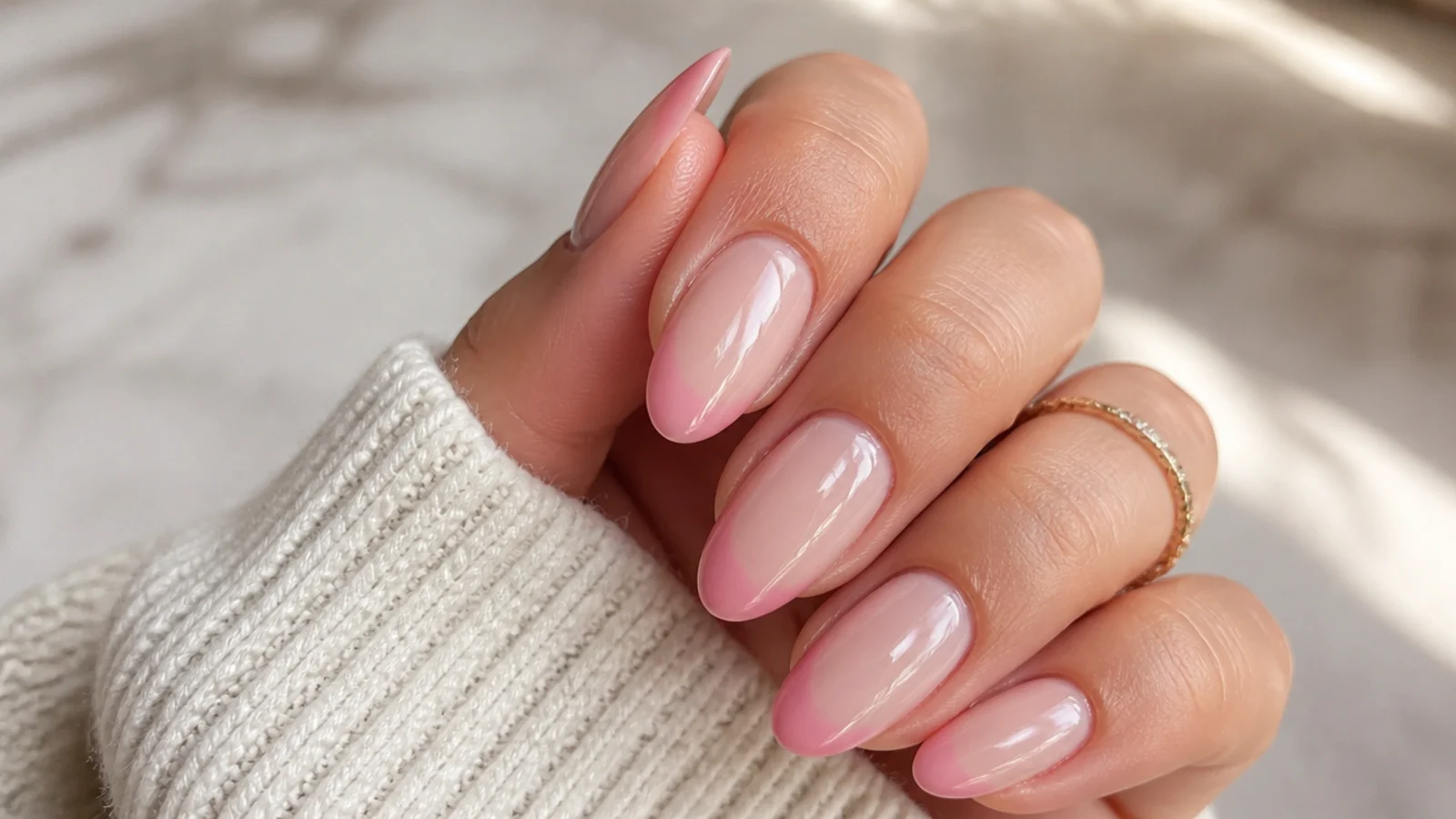 Medium almond nails with a rounded pink aura halo following the curve of the nail tip