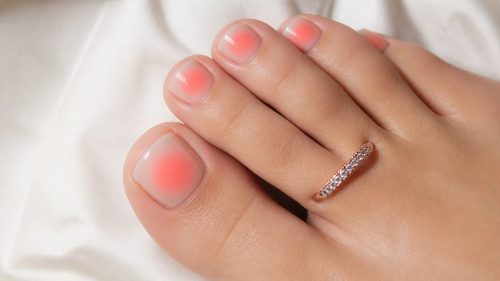 Pedicure with a coral aura halo sponged onto short square toenails on a sheer base