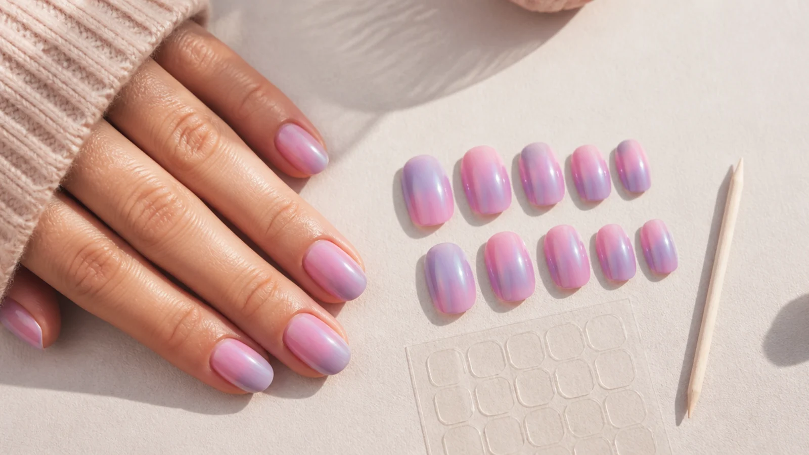 A set of press-on aura nails in lilac and pink laid out beside adhesive tabs and a cuticle stick