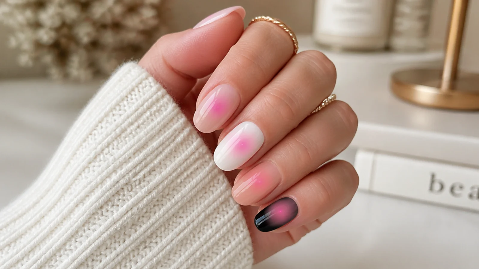 Four nail swatches showing the same pink aura over nude, milky white, bare nail and black bases