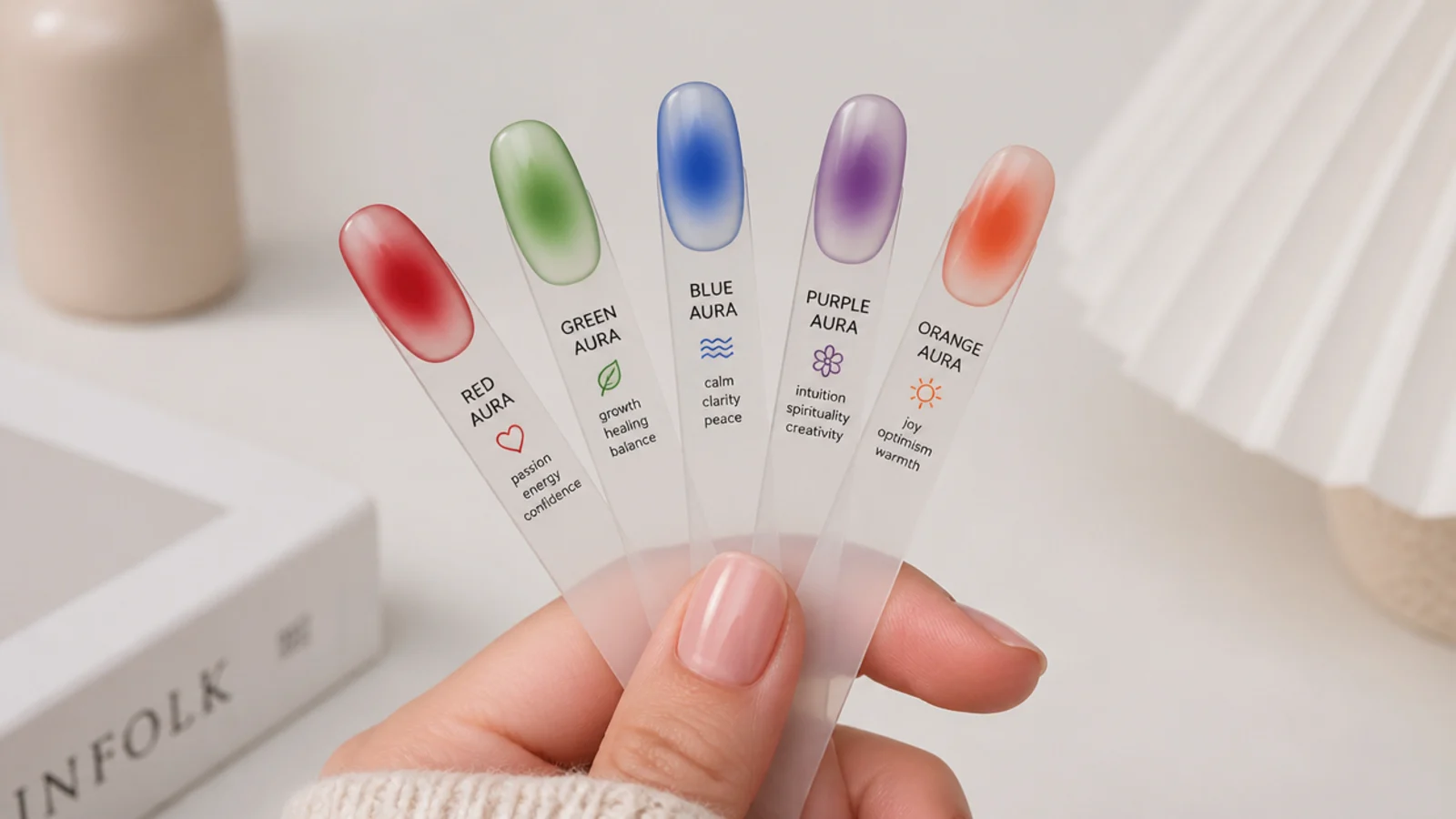 A fan of aura nail swatches in red green blue purple and orange arranged as a color meaning chart