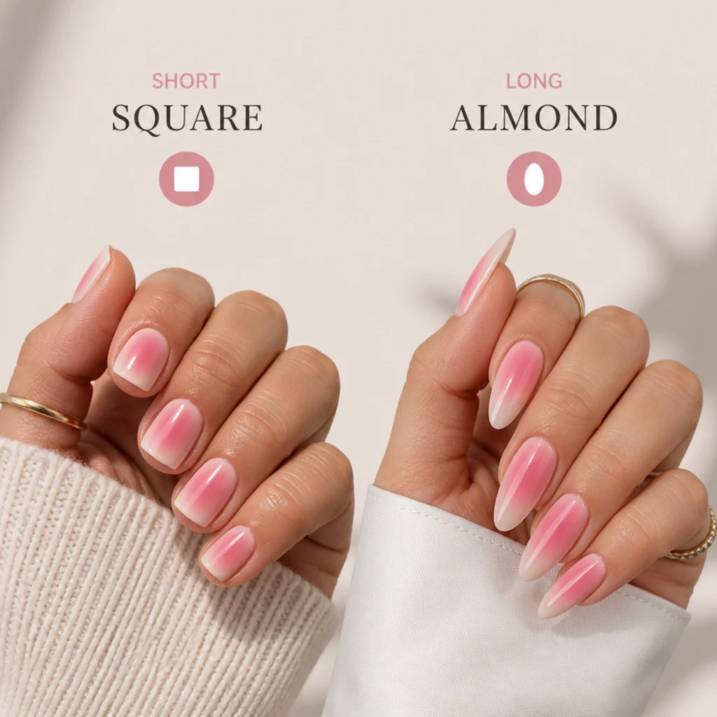 Short square nails and long almond nails compared, both with pink aura halos scaled to nail size