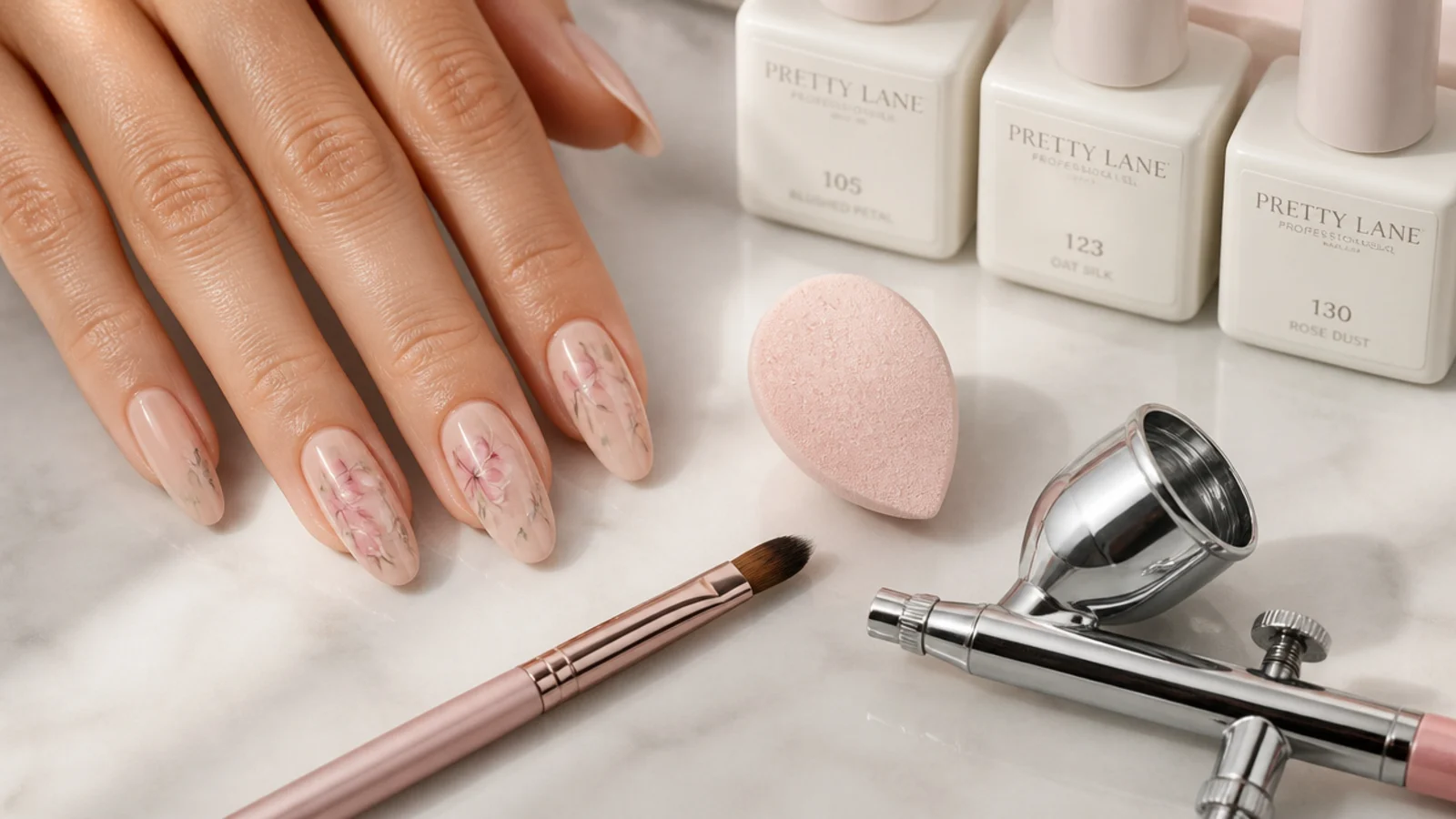 A damp makeup sponge, angled pigment brush and airbrush gun laid out beside gel polish bottles