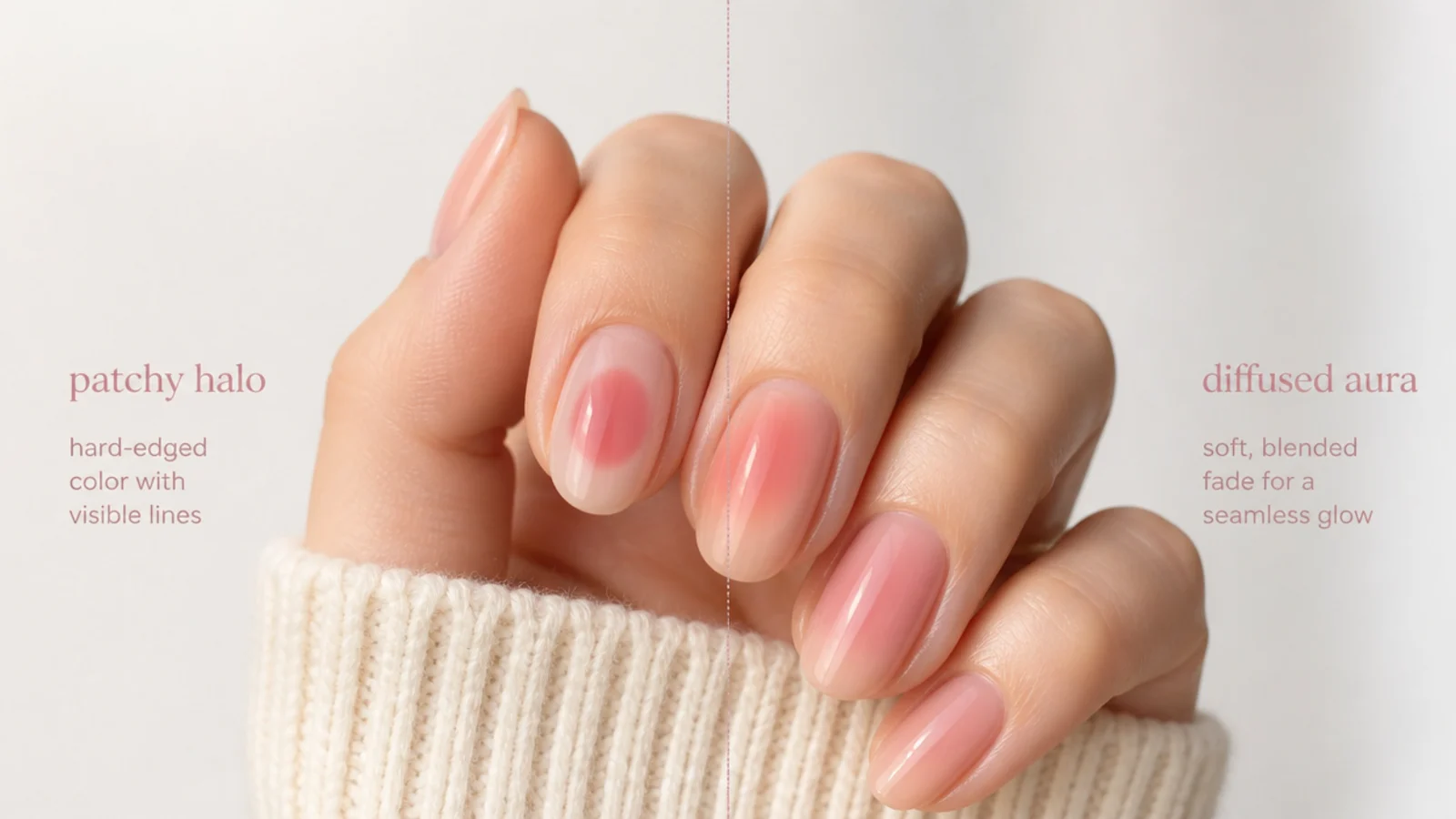 Two aura nails compared, one with a patchy hard-edged halo and one with a smooth diffused fade