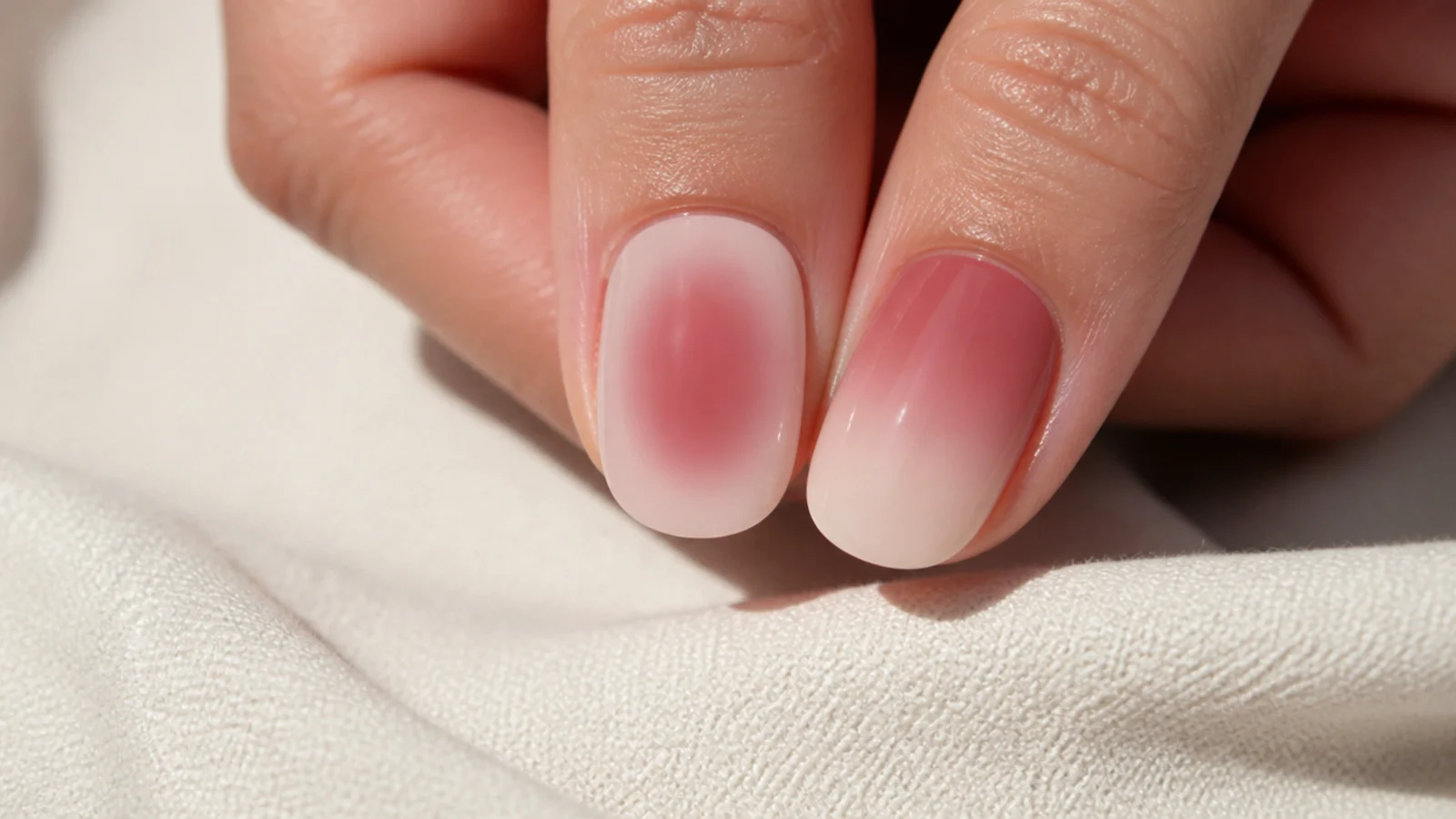 Two nails compared side by side, one with a centered aura halo and one with a cuticle to tip ombre
