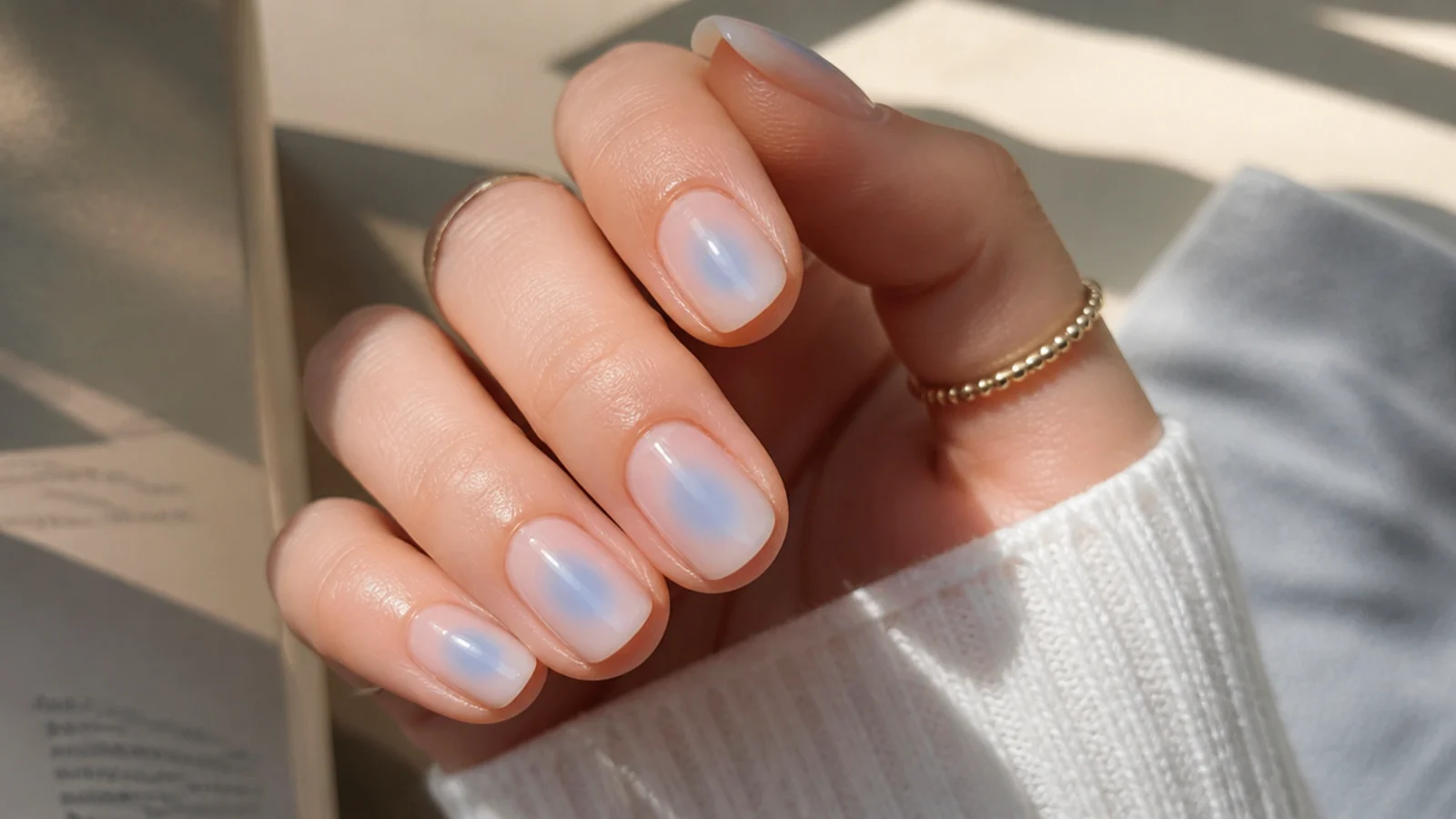 Bare natural nails with a sky blue aura glow floating in the center of each nail