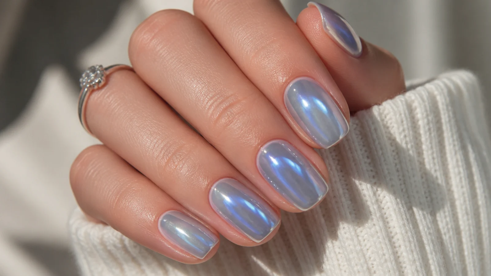 Blue aura nails topped with silver chrome powder giving a mirrored glazed finish