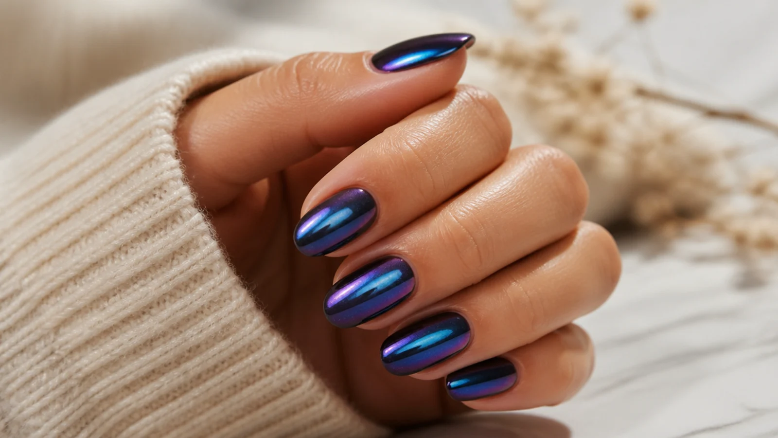 Aurora blue chrome nails shifting between blue green and violet across a dark base