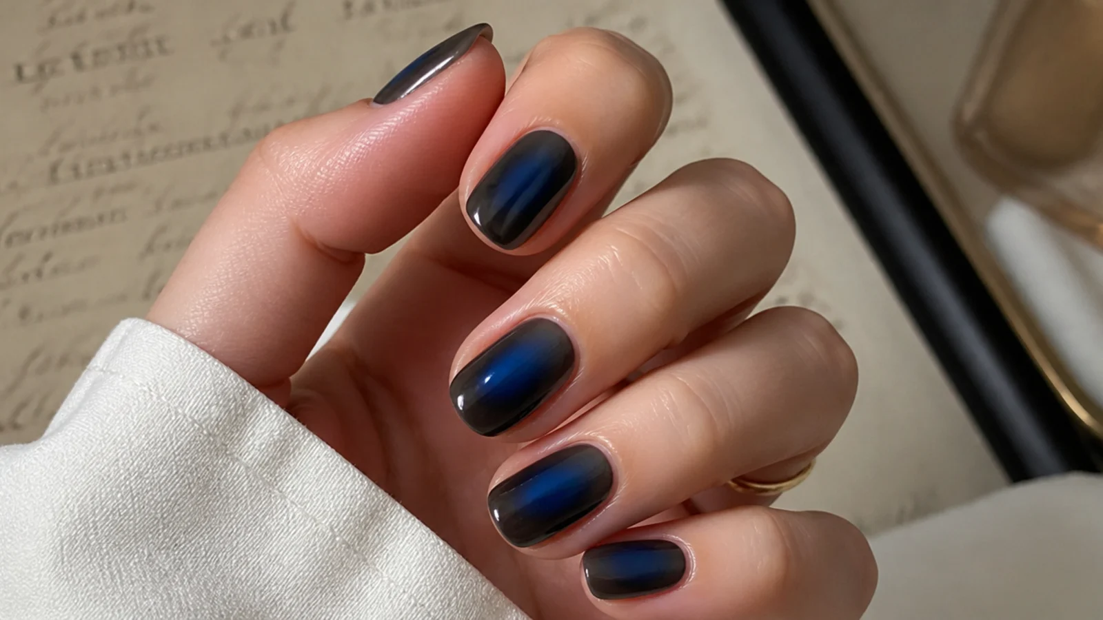 Dark blue aura nails with a deep sapphire halo fading into a sheer smoke gray edge