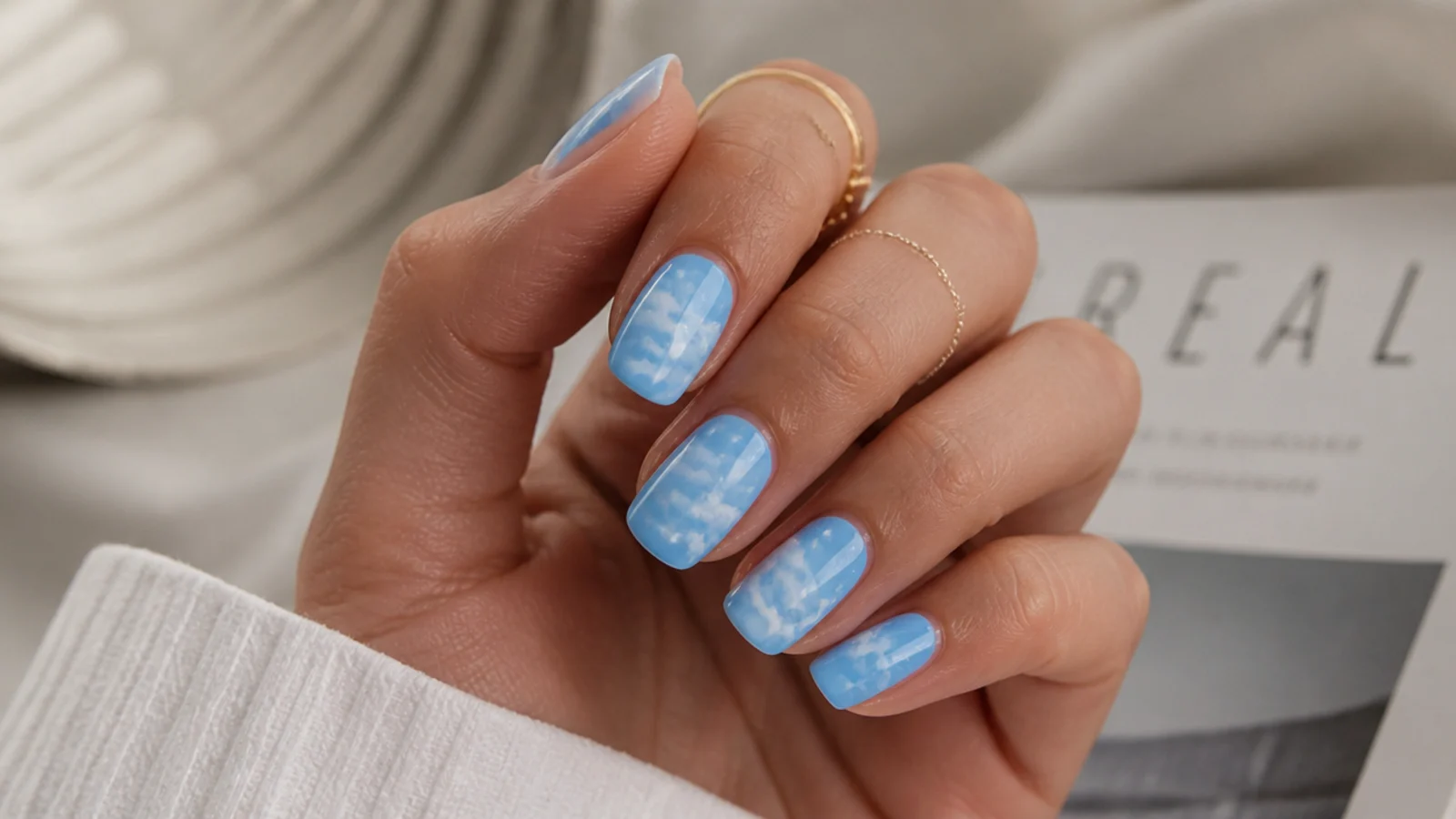 Sky blue aura nails with fine white swirls painted over the glow to look like clouds