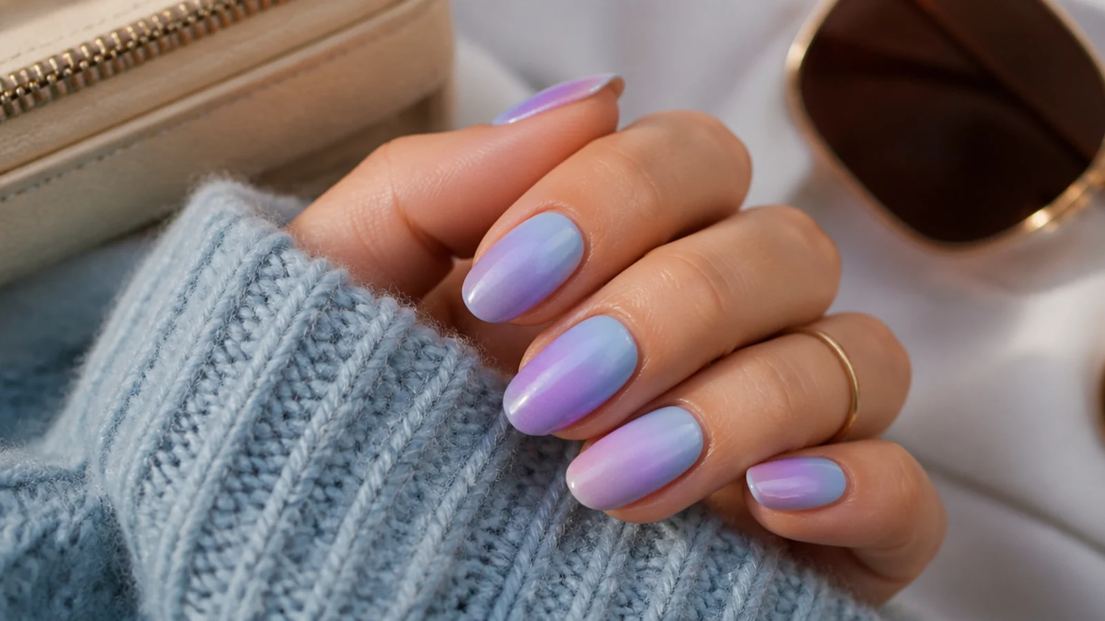 Light blue and purple aura nails with the two halos meeting in a soft violet blend