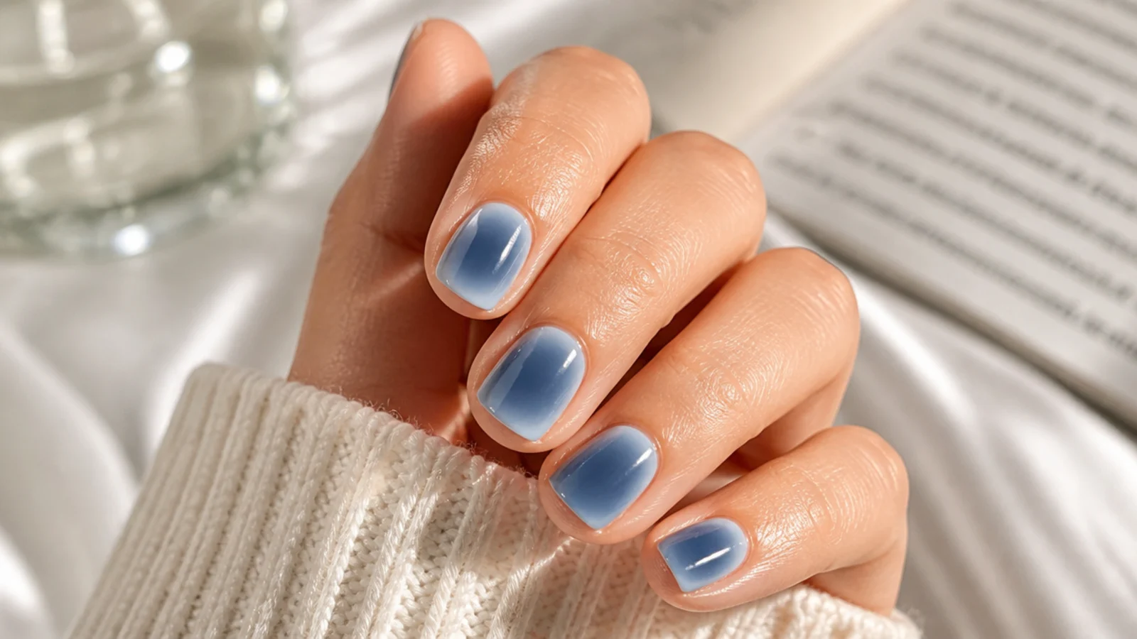Muted denim blue aura nails with a dusty gray-blue halo on short square nails