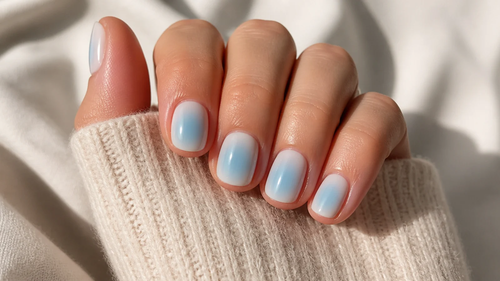 Short natural nails with a compact baby blue aura glow filling most of the nail plate