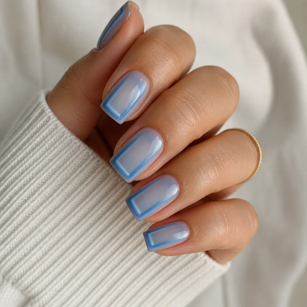Square blue aura nails with a rectangular blue glow following the straight nail edges