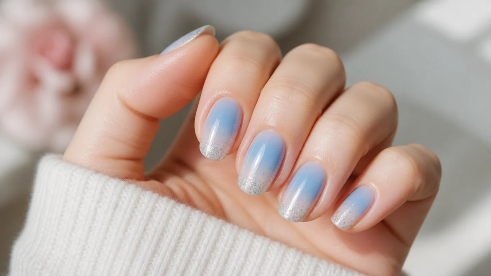 Blue aura nails with fine silver glitter fading upward from the free edge of each nail