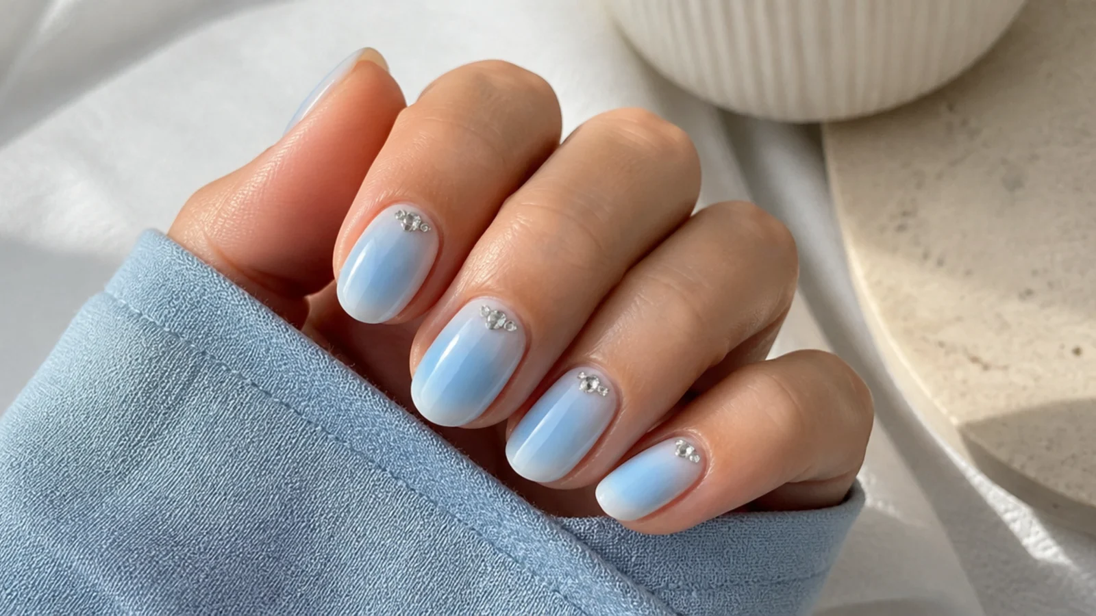 Baby blue aura nails with a small cluster of clear rhinestones set near the cuticle