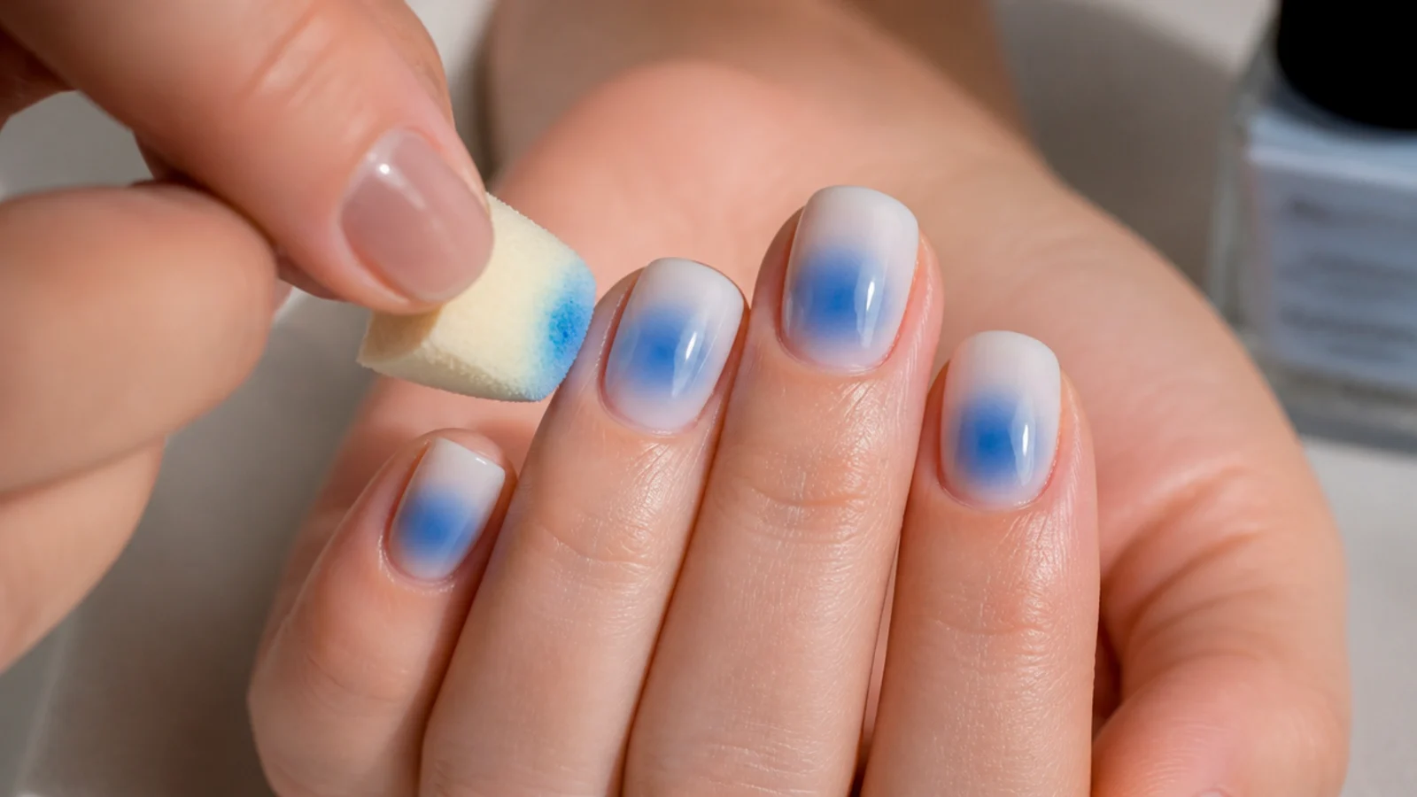 Makeup sponge dabbing blue gel polish into the center of a nail for an aura blend