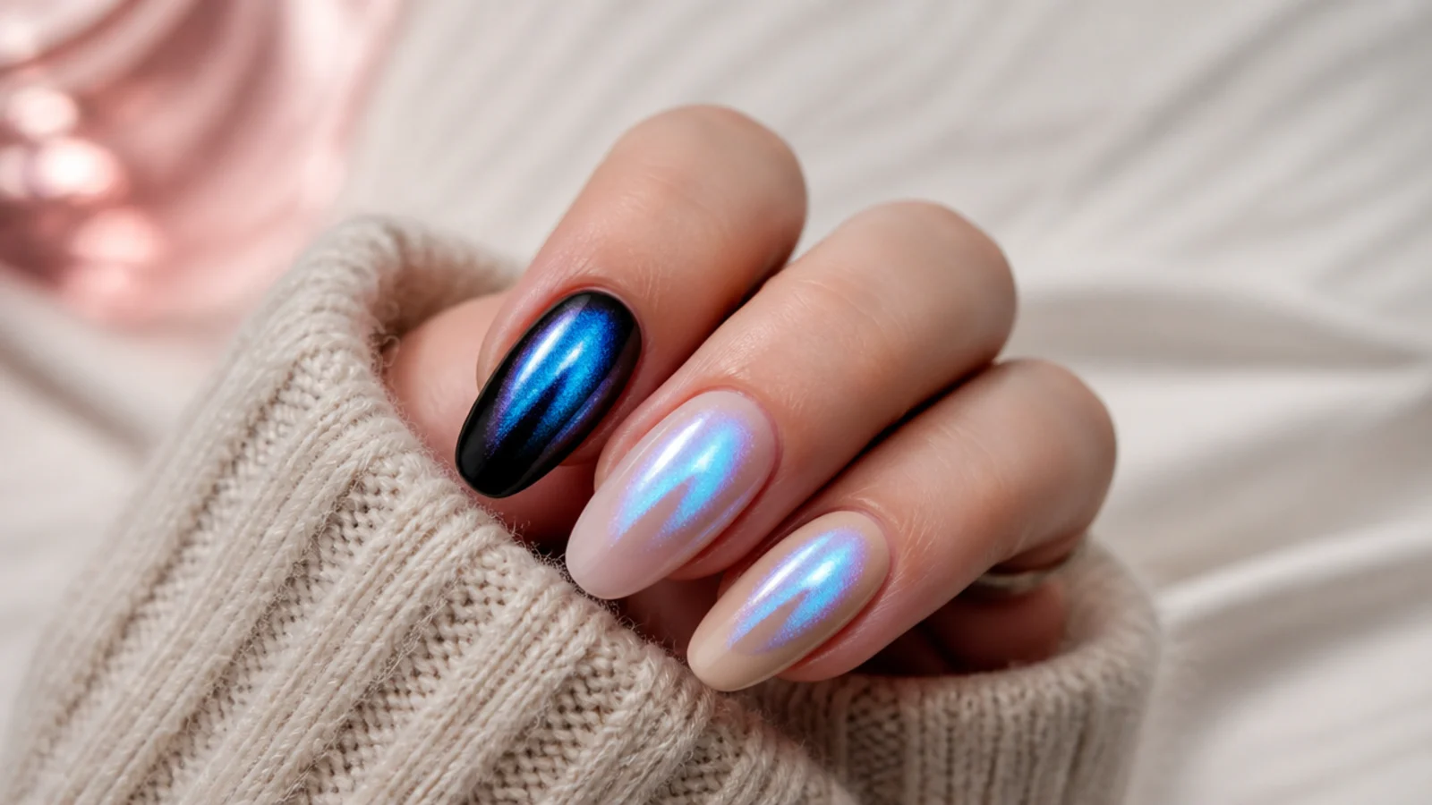 Three nails compared showing blue chrome over black, over milky white and over nude