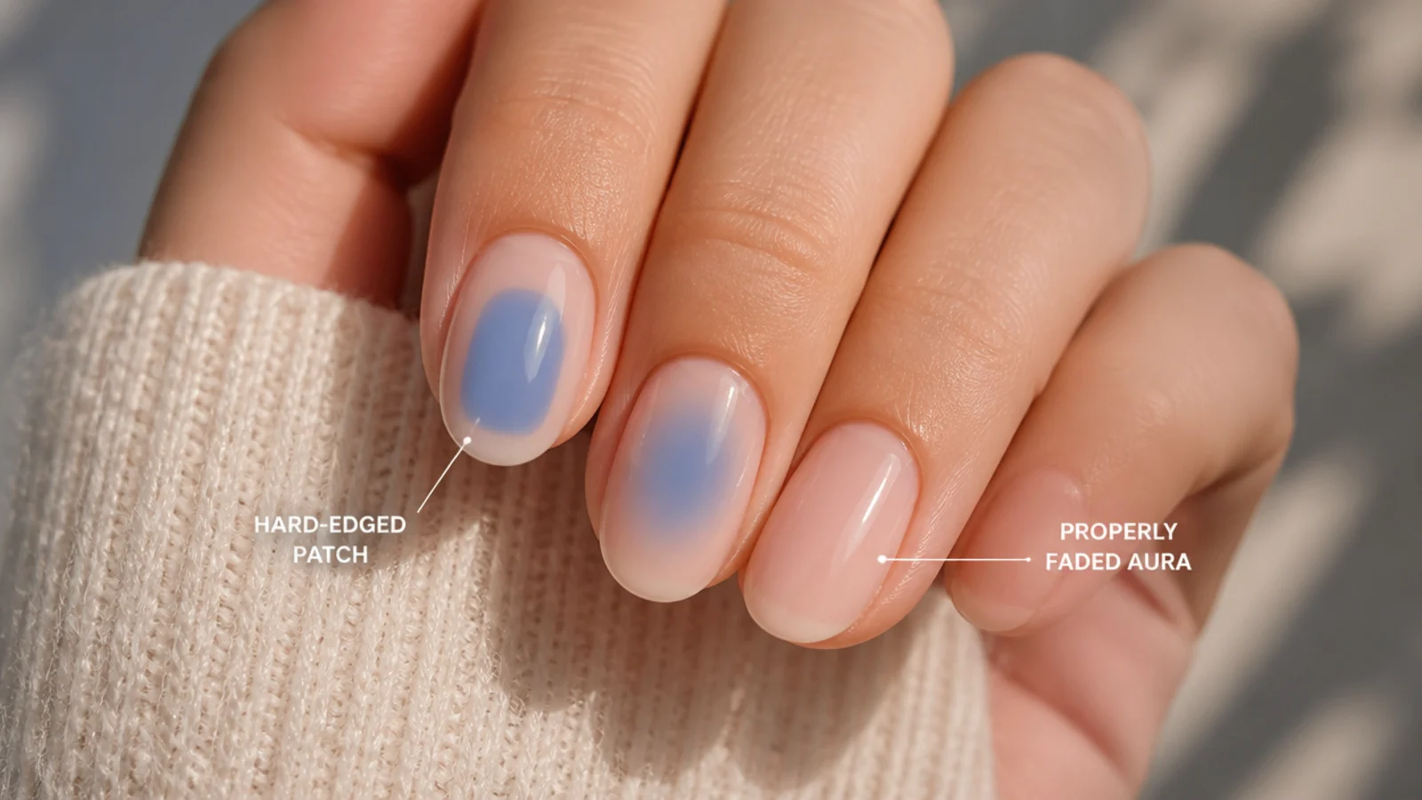 Two nails compared, one with a hard-edged blue patch and one with a properly faded aura