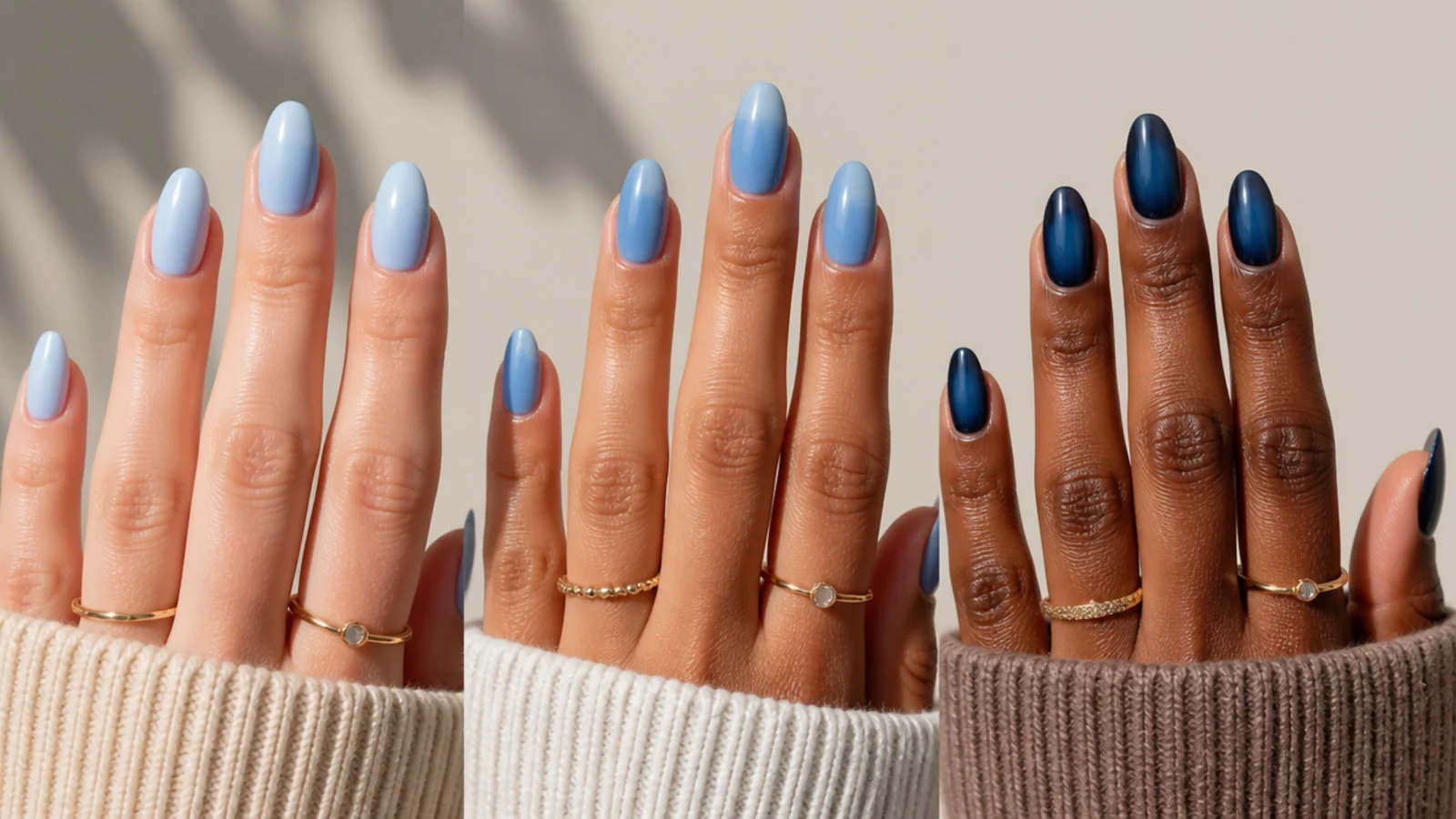 Blue aura swatches from baby blue to navy shown across fair olive and deep skin tones