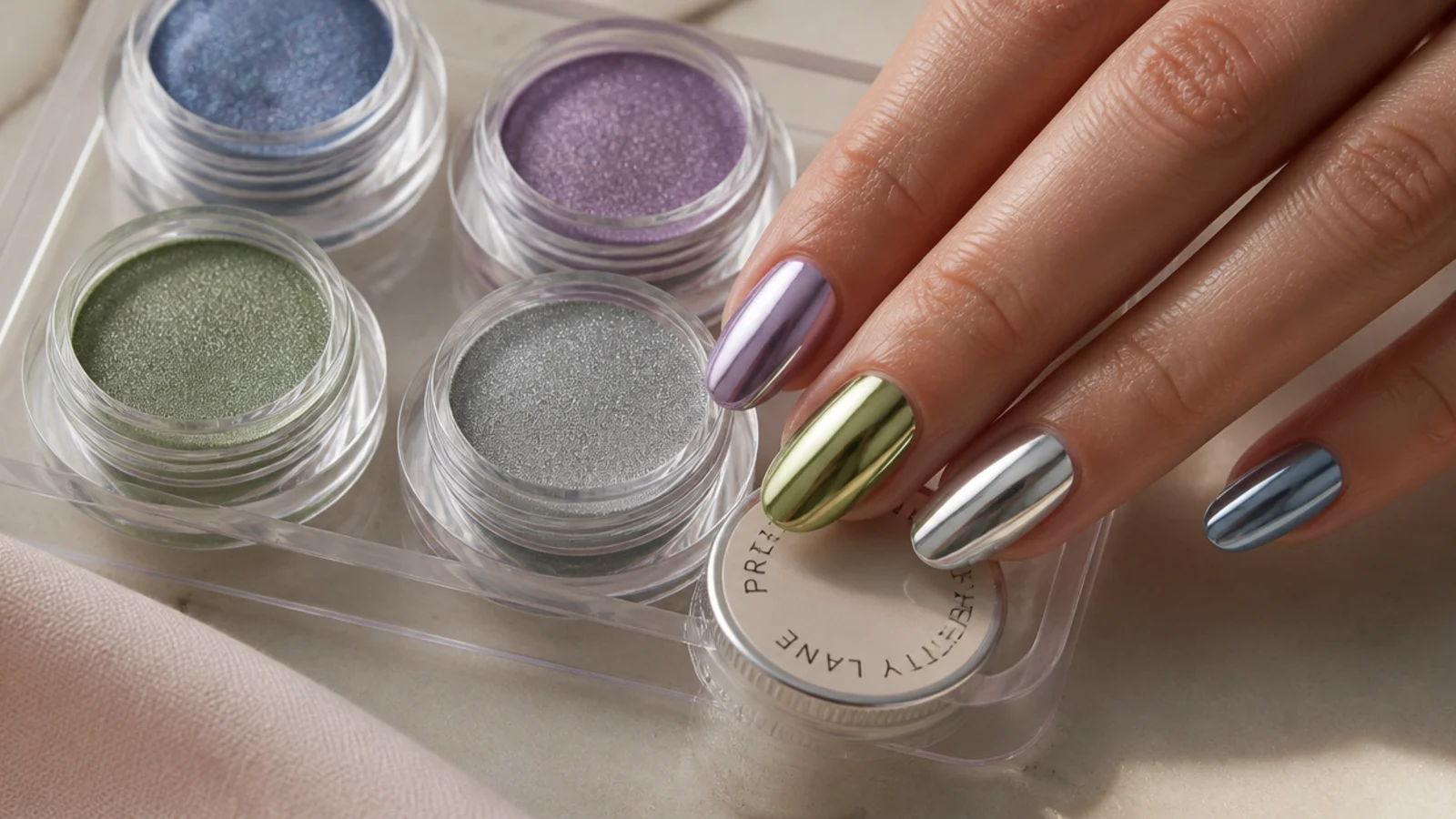 A tray of small chrome powder jars in blue, purple, green and silver with a screw-top lid design
