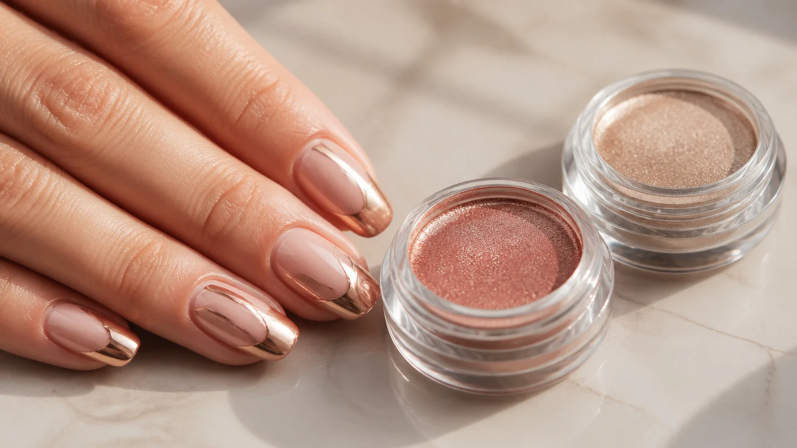 Rose gold and champagne chrome powder jars beside warm metallic chrome nails on a nude base