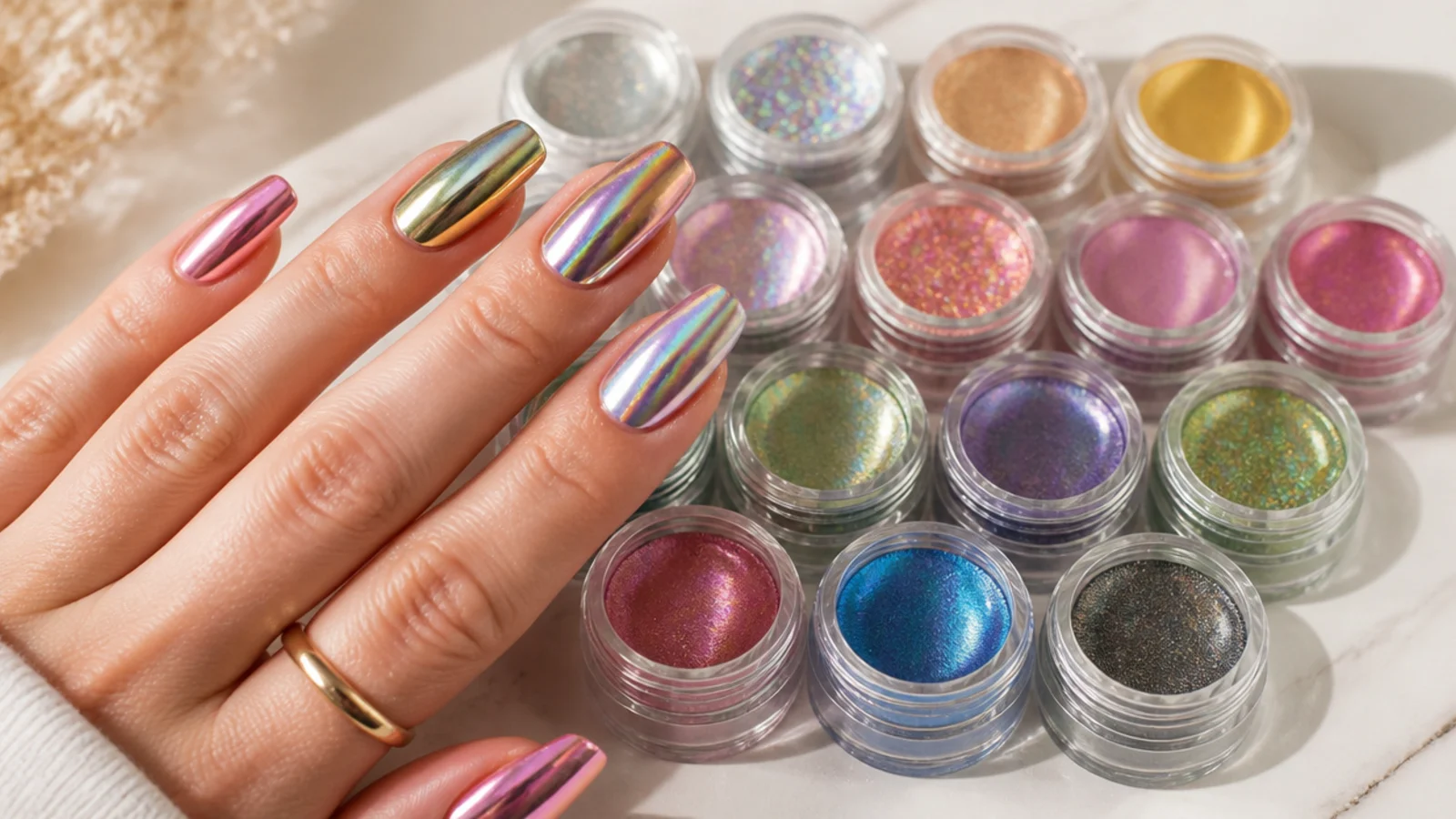 A sixteen jar chrome powder variety set with holographic, mirror, chameleon and aurora finishes
