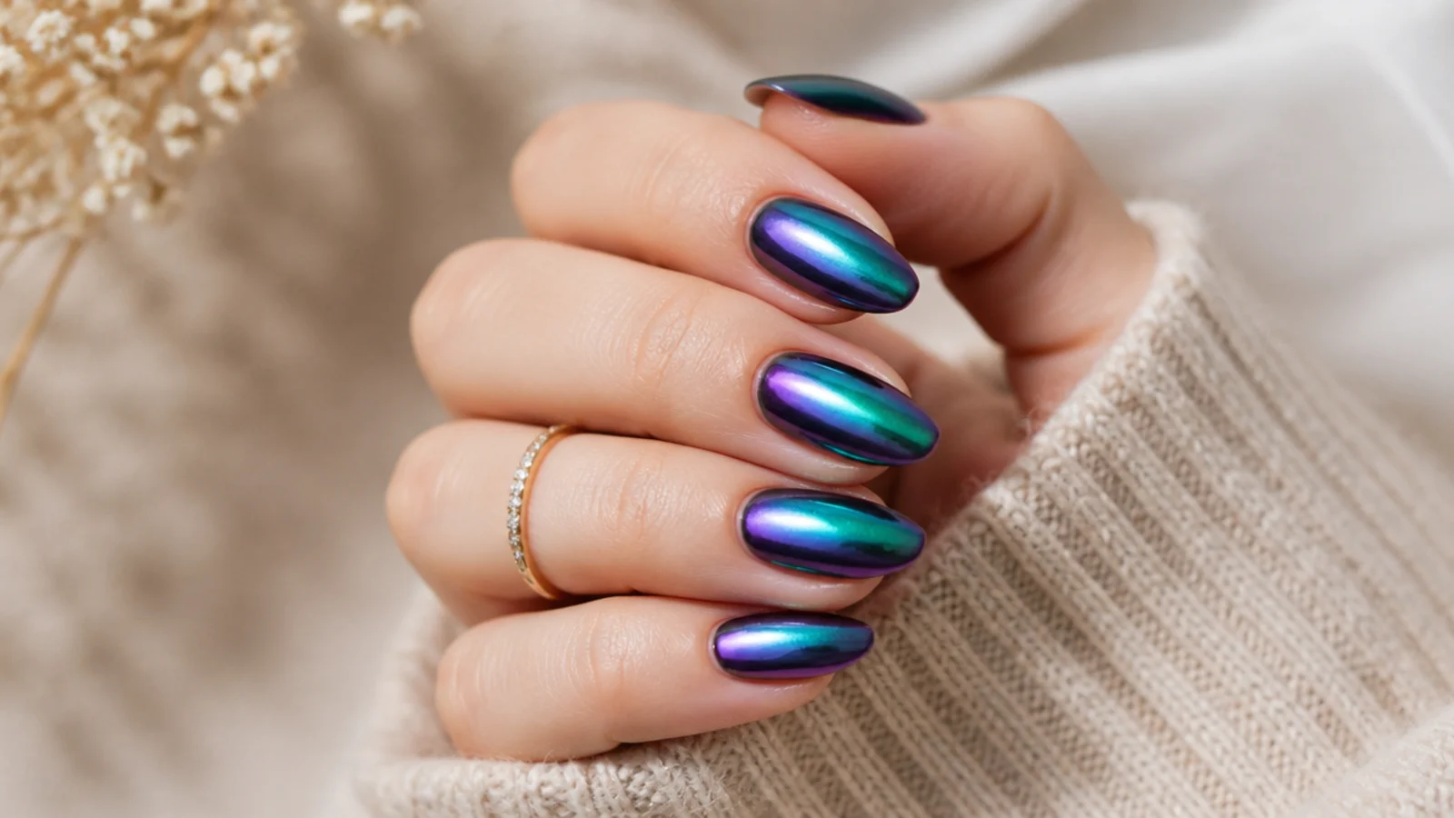 Chameleon chrome nails shifting from teal to violet across the curve of an almond nail