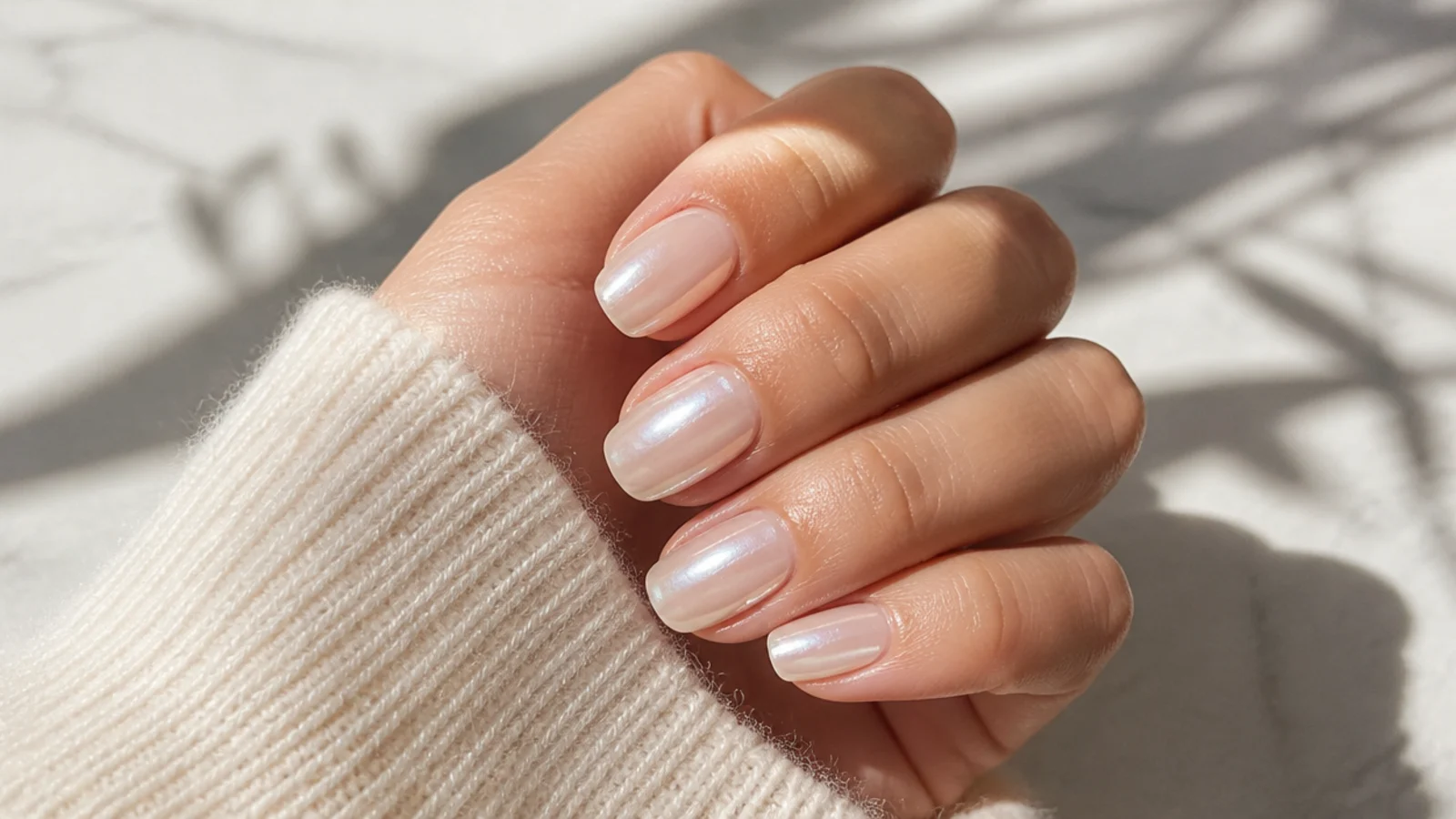 Glazed donut pearl chrome nails with a soft milky sheen over a sheer white gel base
