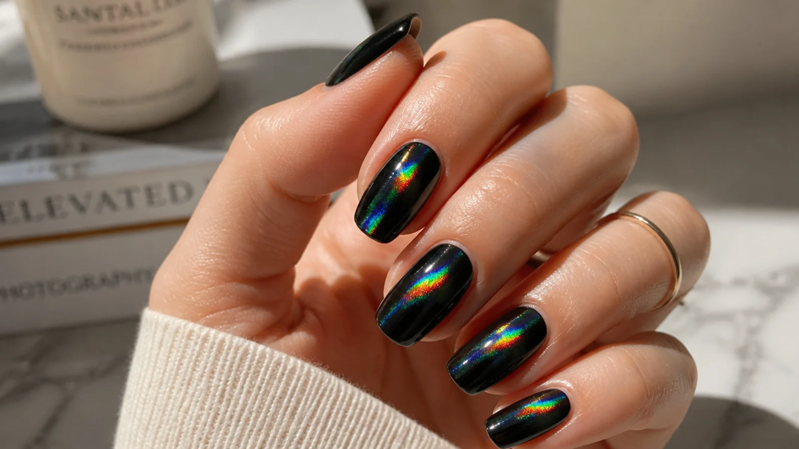 Holographic chrome nails splitting light into rainbow bands over a black gel base
