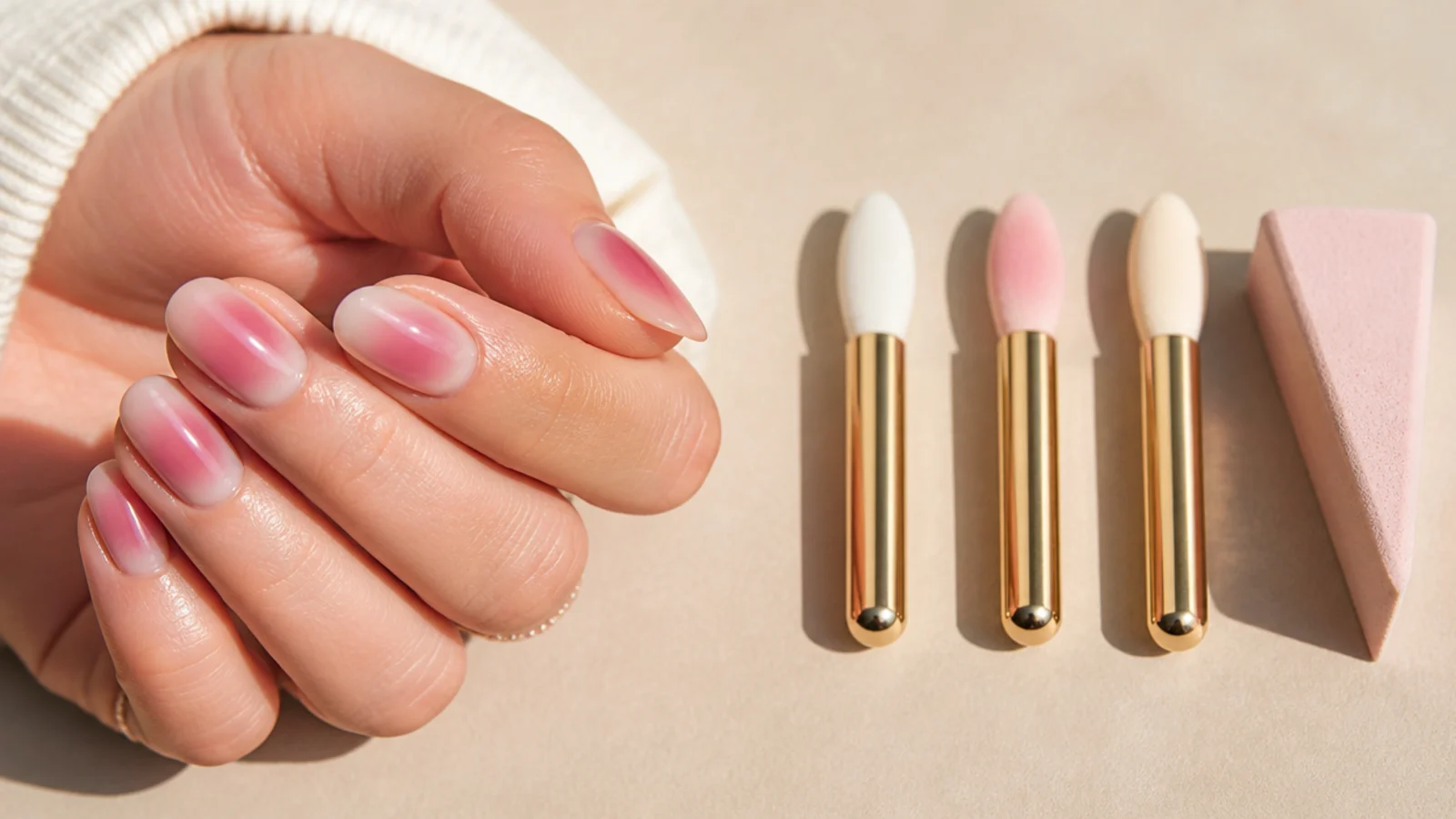 Silicone chrome applicators and a wedge makeup sponge laid out for blending an aura halo