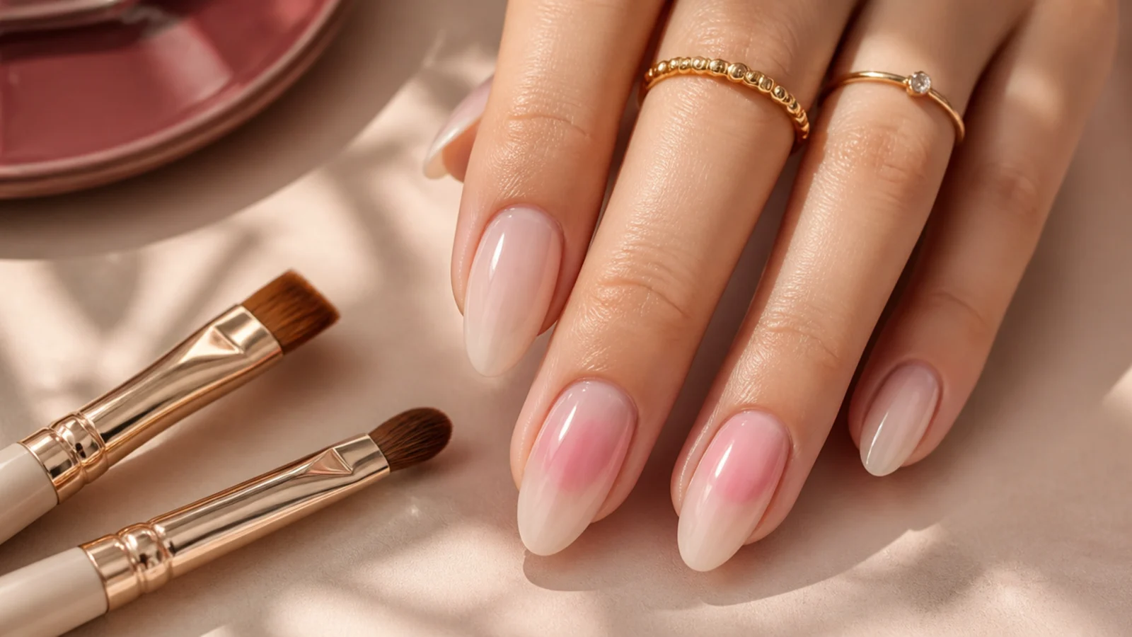 Angled and puff-tipped pigment brushes beside a soft pink aura halo blended on an almond nail