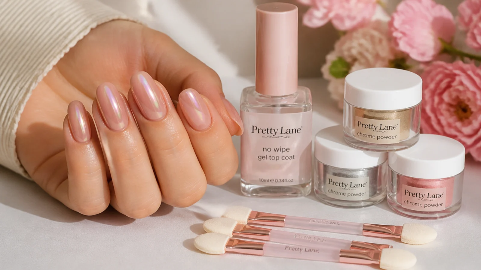 A no-wipe gel top coat bottle with chrome powder jars and silicone applicators arranged as a starter kit